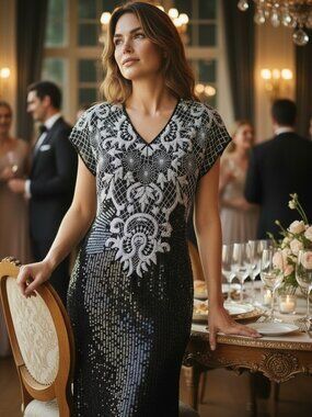 Vintage Stenay Formal Cocktail Dress Silk Beaded Sequin Black White Art Deco 6